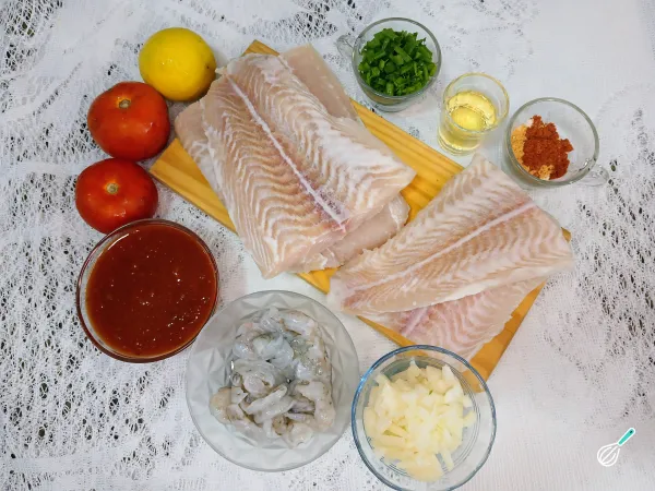 Ingredientes separados para a Receita de Linguado com Molho de Camarão